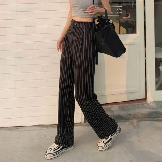 Women's Formal Office Wear Suit Pants Vintage High Waist Baggy Striped Pants Woman Korean All-Match Straight Trousers Female