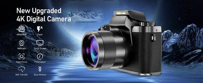 4K DSLR Cameras for Photography 64MP WiFi Auto Focus YouTube Vlogging Video Cameras 60FPS Livestream Camcorder 4" Touch Screen