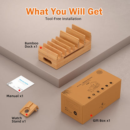 Bamboo Charging Station for Multiple Devices Desktop Docking Stations Holder for Cell Phone Tablet SmartWatch Earbuds Stand