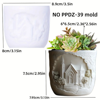 Church relief succulent plant flowerpot resin silicone mold house church storage box mold tower church cross relief gypsum molds