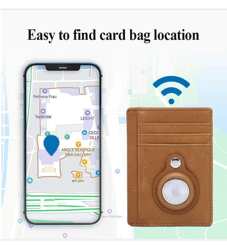 SCHLATUM Genuine Leather RFID Slim Minimalist Card Holder High Quality Apple Airtag Protective Case Men Business Wallet