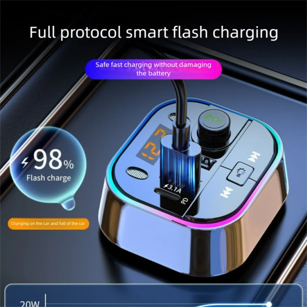 Bluetooth 5.0 Car FM Transmitter Car Bluetooth Receiver Ambient Hands-Free Mp3 Player Dual USB Fast Charger 5.0 Audio Adapter