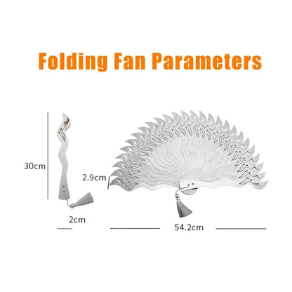 Chinese Fine Metal Antique Fan Hollow Self-Defense Kung Fu Tai Chi Fans Portable Men Stainless Steel Folding Fan Home Decor