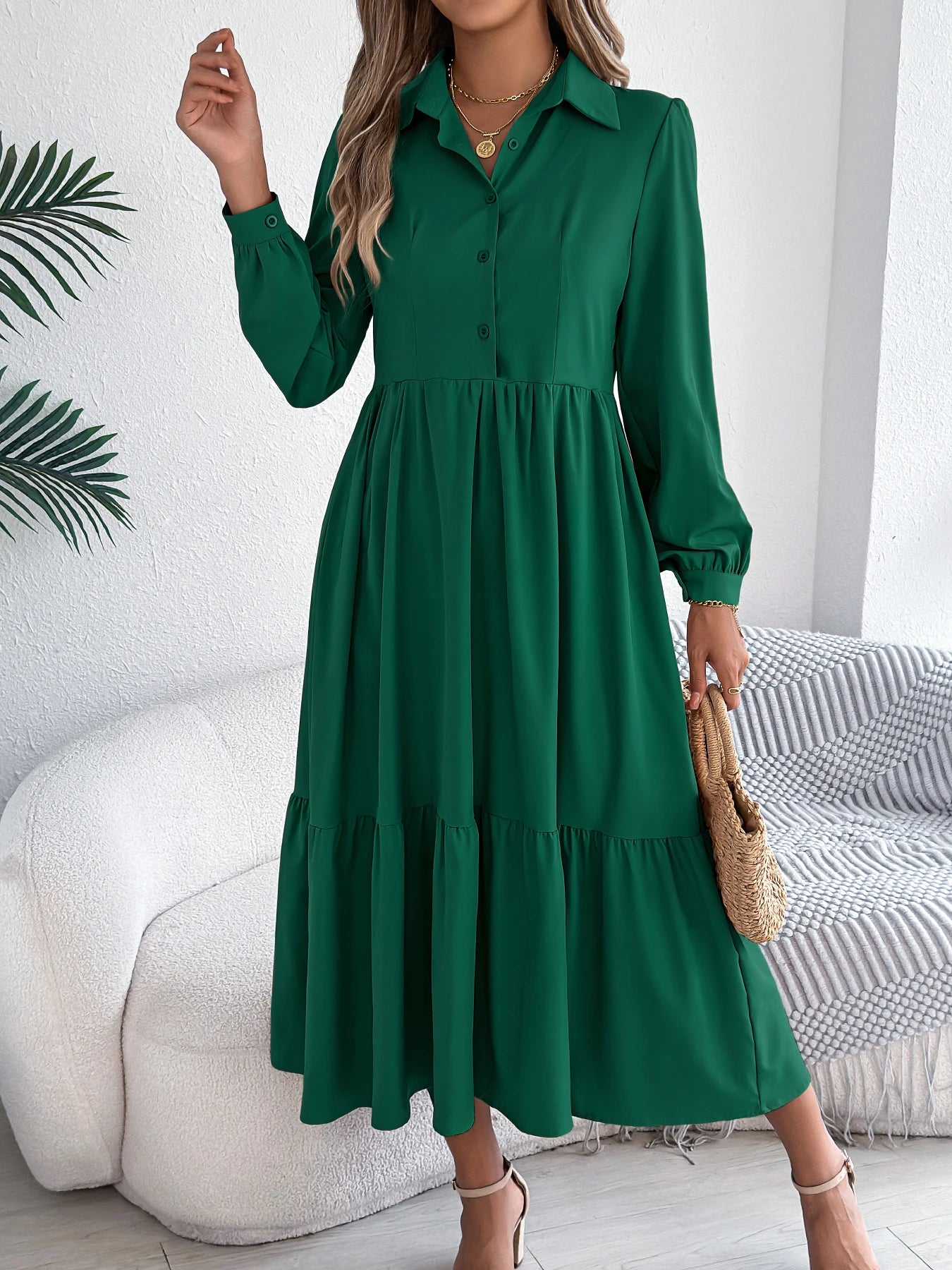 Casual Vacation Long Sleeved Turn-down Collar Single-Breasted Dress Spring Autumn Fashion Women's Clothing