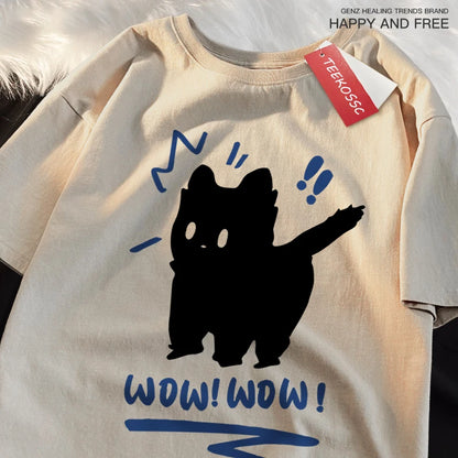 Wow Wow Fun Black Cat Print Japanese Style Men Women Top Fashion T Shirt Cotton Loose T-Shirt Casual O-Neck Clothes Oversize Top