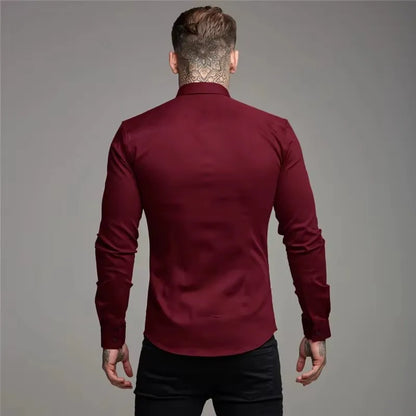 Men's Shirt Fashion Full Sleeve Shirt Men's Muscle Casual Slim-fit Business Dress Solid Color Shirt Men's Gym Fitness Men Shirt