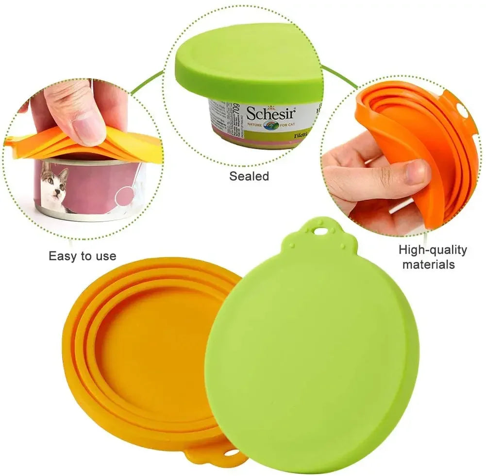 2sets Random Color Silicone Pet Can Lid Reusable Food Storage Keep Fresh Tin Cover Cats Dogs Food Health Supplies Lid and spoon