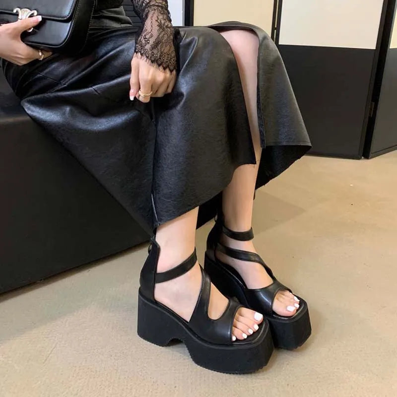 Black Gladiator Sandals Woman Platform High Heels Summer Back Zipper Shoes Punk Chunky Sandals Female Samdalias De Plataforma