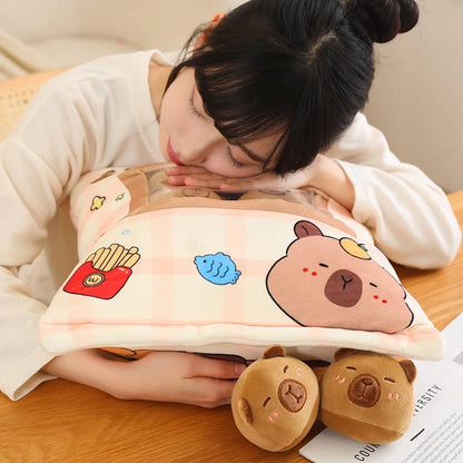 A Plushies Bag Pudding Toys Puff Balls Mini Cute Stuffed Animal Capybara Doll Removable Set Plush Pillow Snack Cushion Kids Gift