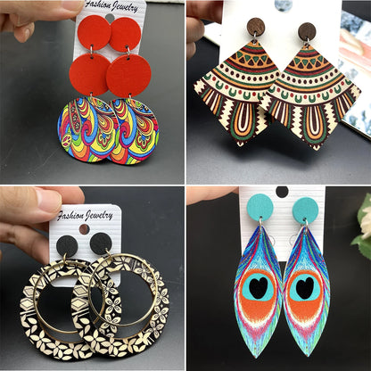 Bohemian Ethnic Big Colorful Painted Wooden Earrings for Women Creative Design Geometric Statement Dangle Earring Female Jewelry