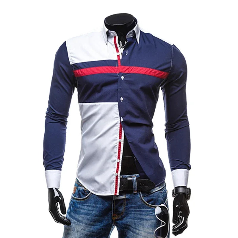 Men Long Sleeve Shirt 2025 Spring Striped Shirts Slim Fit Male Casual Social Patchwork Shirt Turn-down Collar Camisa Masculina