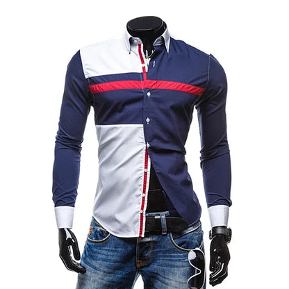 Men Long Sleeve Shirt 2025 Spring Striped Shirts Slim Fit Male Casual Social Patchwork Shirt Turn-down Collar Camisa Masculina