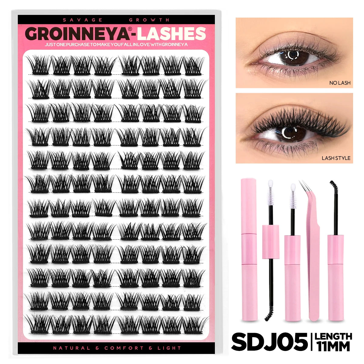 GROINNEYA Lash Clusters Kit DIY Lash Extension Volume Waterproof Individual Lashes Clusters Kit Lash Bond & Seal & Lash Tweezers