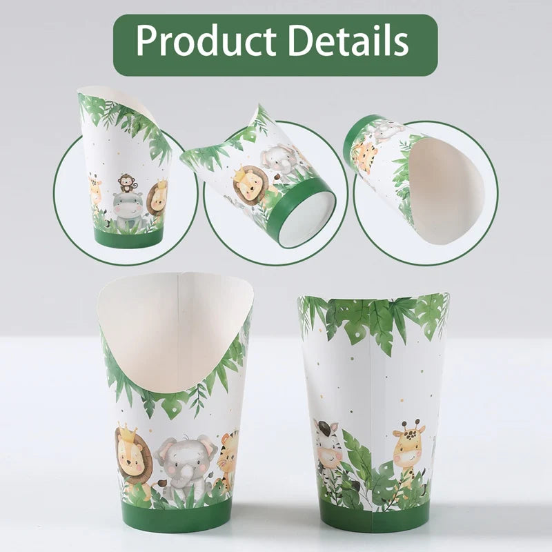 30PCS Jungle Animal Disposable Kraft Paper Slant Snack Cups Kraft Paper Slant Cups Snack Baking Cakes French Fries Containers