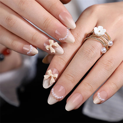 White French Short Press on Nails 3D Bowknot Designs Nude Color Fake Nails Artificial False Nails Tips for Woman DIY Manicure