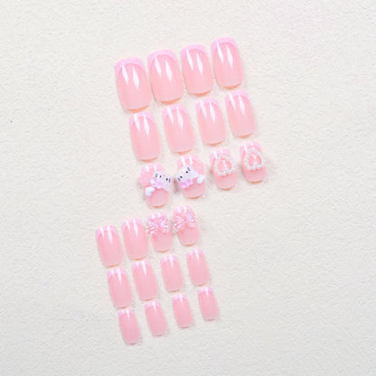 24 Medium Square Nail Pink French Cute Cartoon Cat White Love Camellia Nail Patch Jelly Powder Bow Wear Nail Set