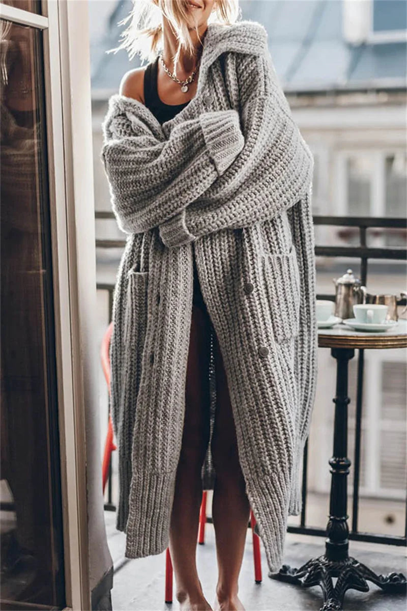 2024 Women's Autumn and Winter Maxi Cardigans Single Breasted Oversized Sweaters Solid Color Large Collar Boho Long Knitwear