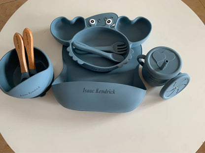 Customized Baby Silicone Feeding Set with Suction Cup Personalized Name Dish Divided Plate Bowl Spoon Cute Kid Eating Tableware