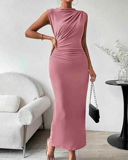 Women's Ruched Bodycon Dress Summer Casual Sleeveless Back Slit Elegant Club Evening Party Cocktail Maxi Dresses