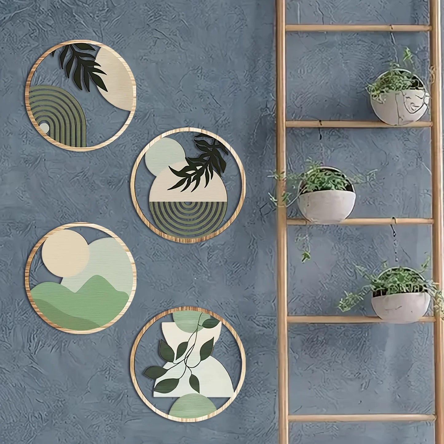 4PC Bohemian Wooden Wall Art Decor, Hollow Rustic Farmhouse Hanging Sculptures for Living Room, Bedroom, Outdoor Patio