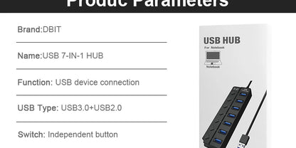 USB 3.0 Power Adapter 7 Port Multi USB Splitter Hub USB Hub 2.0 USB Multiple Expander Switch 30CM Cable Hub Docking Stations
