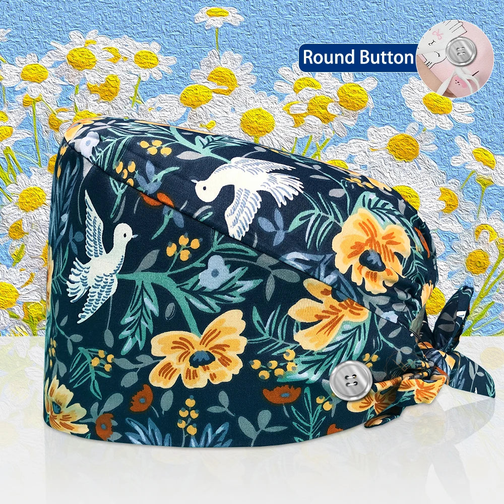 Cotton Lab Work Scrubs Caps Flower Printing Medical Scrubs Women Surgical Caps Health Service Caps Operator Hats Nursing Hats