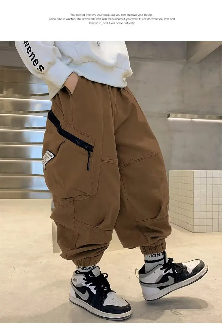 Boys Spring Autumn Children's Clothing Cargo Pants Children's Casual Large Size Sweatpants Boys Fashion Fake Zippers Cargo Pants