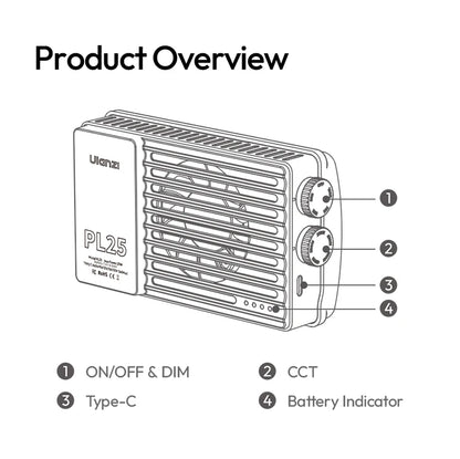 ULANZI PL25 25W LED Panel Light 2700K-6500K CRI 96+Type-C Fast Charging Studio Photography Light for Phone Camera Vlog Shooting