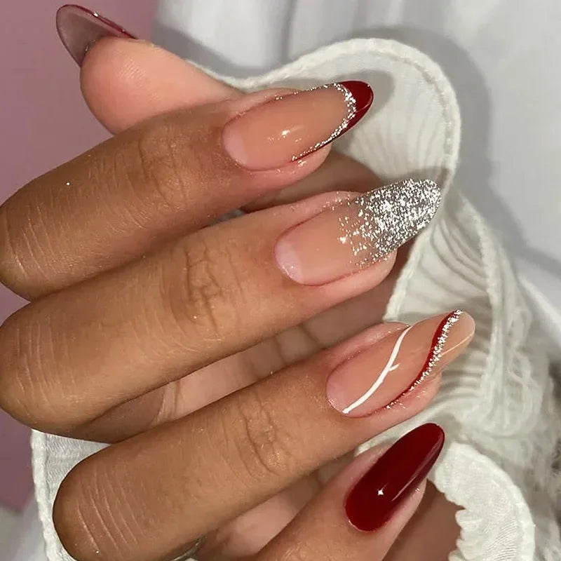 24Pcs Short Almond Press on nails French Tips Press on nails False Nails Simple Rose Full Cover Wearable Fake Nail Tips Art