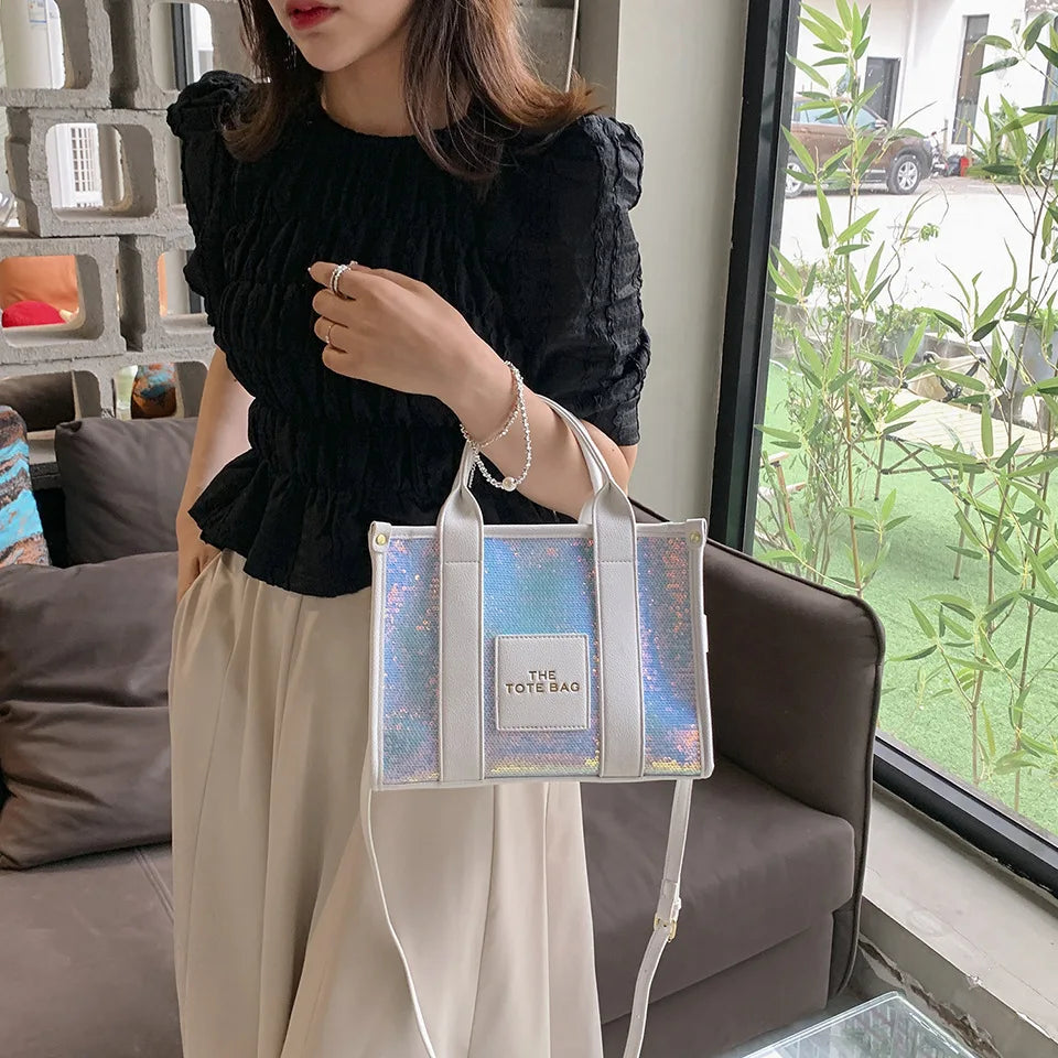 Women's Tote Bag Sequin Shoulder Bag PU Leather Large Capacity Luxury Designer The Tote Bag For Women Crossbody Bags 2024 New