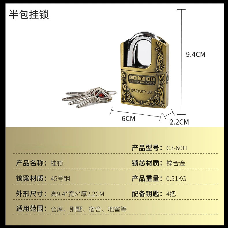 Strong Padlock with Key Outdoor Door Locks Classical Solid Dormitory Lock Anti-theft Warehouse Barn Big Cabinet Rustproof Locks