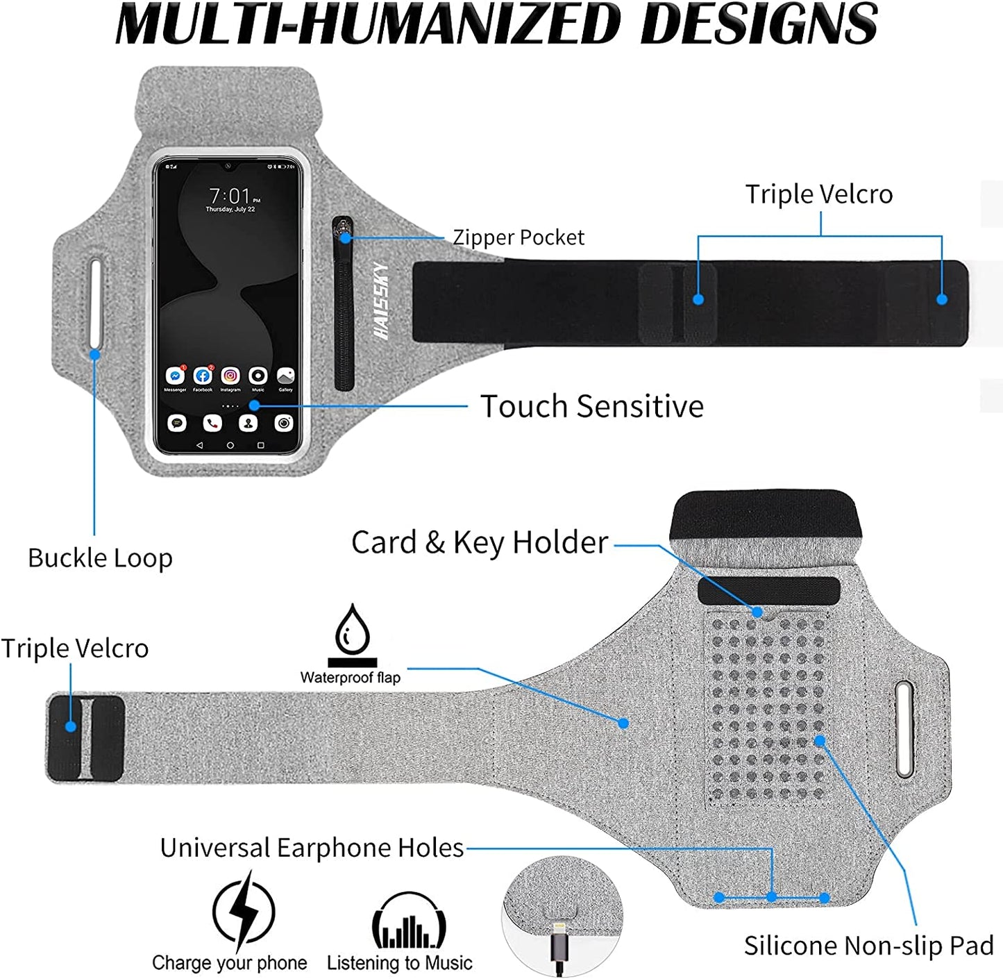 HAISSKY Zipper Pocket Running Sports Armband For iPhone 16 15 14 13 12 11 Pro Max 15 Plus Belt On Hand Phone Brassard Bags