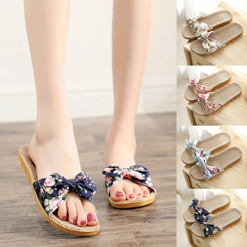 Sandalias Mujer 2024 Hot Women Female  Bowknot Flax Linen Flip Flops Beach Shoes Sandals Slipper SandáLias Femininas 여름샌들