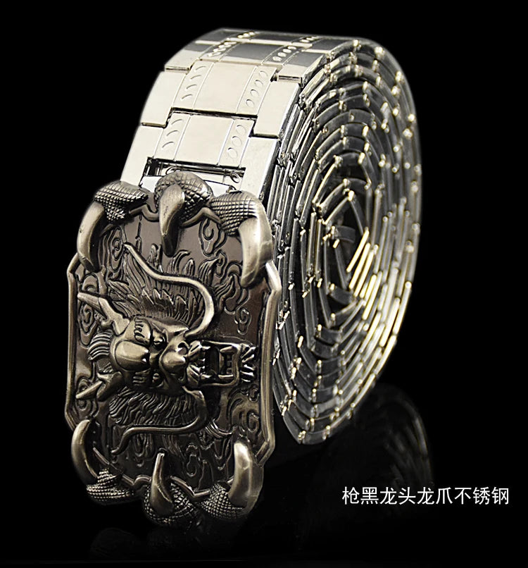 Men's belt metal stainless steel belt silver dragon retro-cologne silver belt high-end designer steel belt personality belt