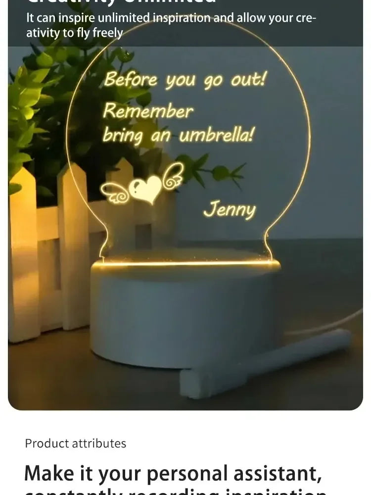 LED Light Note Board USB-Powered with Pen Acrylic Dry Erase Board Clear Desktop Note Message Soft Lights Desk Lamp Gift
