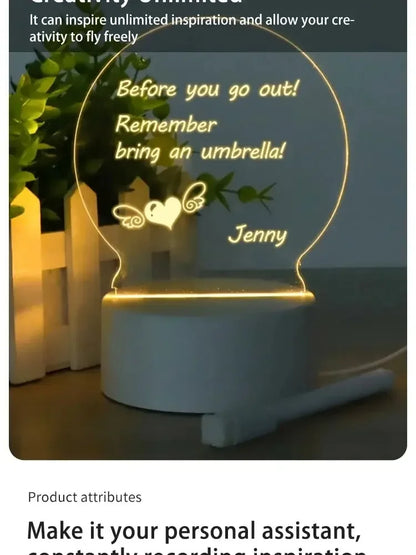 LED Light Note Board USB-Powered with Pen Acrylic Dry Erase Board Clear Desktop Note Message Soft Lights Desk Lamp Gift