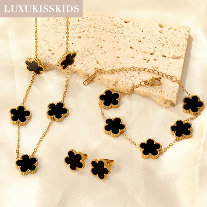 LUXUKISSKIDS Fashion Flower Necklace Earrings Set Jewelry Women Stainless Steel White Shell Clover Bracelet Jewelry Accessories