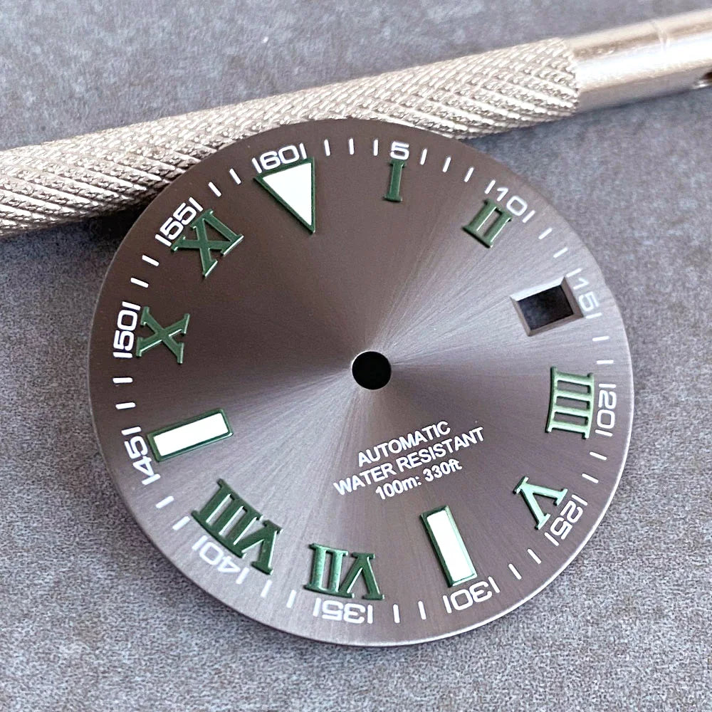 29mm Gray Sunburst Watch Dial fit NH35 NH35A NH36A Steel Green Roman Numerals Index Hand Set Watch Parts Accessories