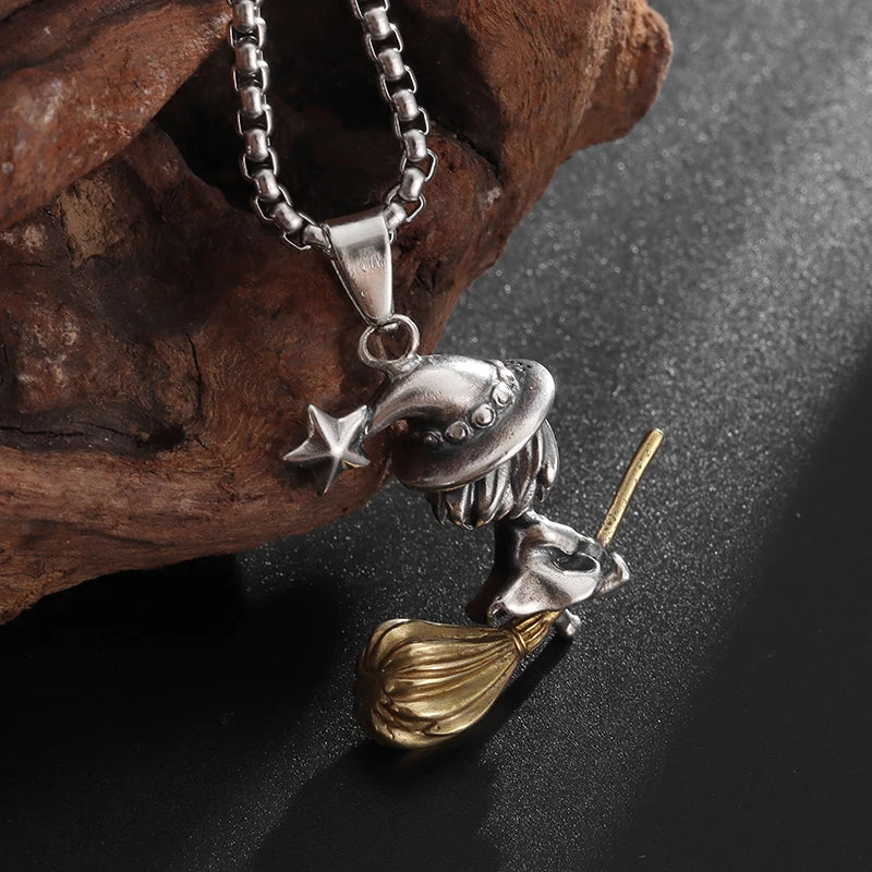 Exquisite Witch Broom Necklace Cute Magic Girl Pendant Men Women Rock Party Trendy Jewelry Halloween Gift