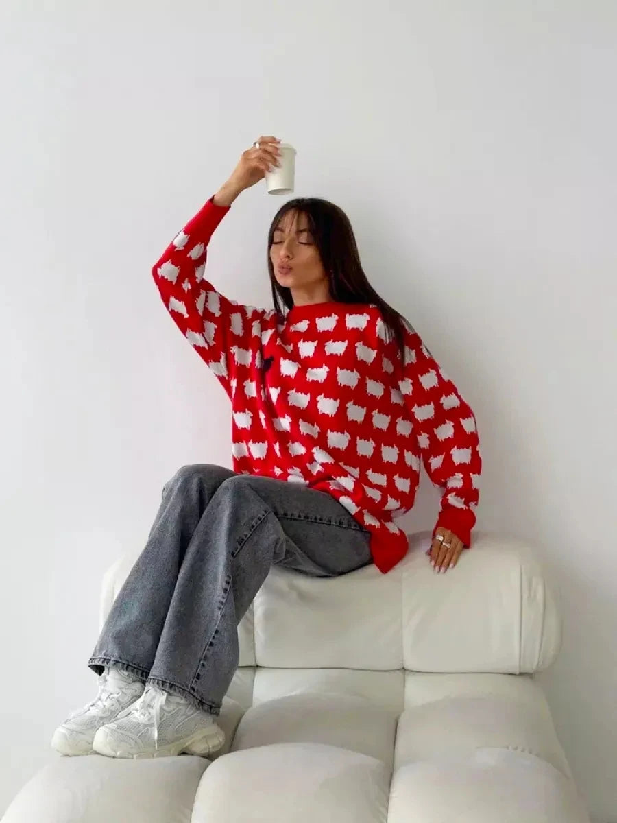 Women's Oversized Long Sweater, Cartoon Print, Loose, O Neck, Long Sleeve, Trendy Fashion, Winter
