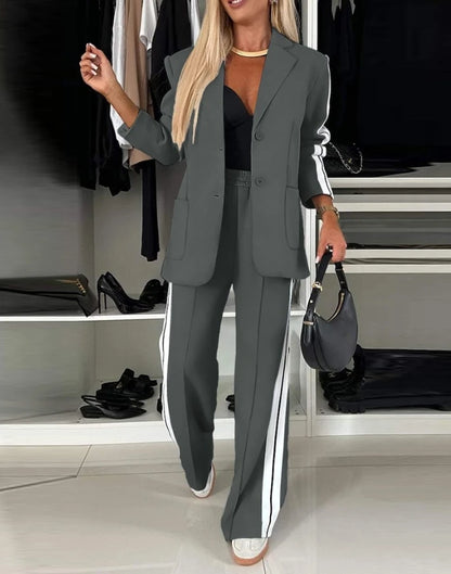 Women's Fashion Suits Autumn Winter Latest 2025 Striped Side Sporty Tape Notched Collar Front Button Blazer Wide-Leg Pants  Set