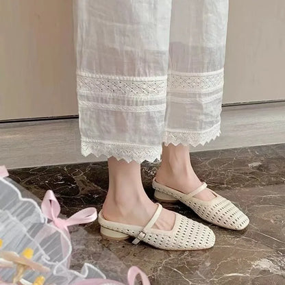 Fashionable slippers, women's hollow toe half-slippers, 2025 summer new square-toed low-heel comfortable women's shoes