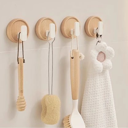 Self Adhesive Wall Hooks Walnut Hanging Hooks For Kitchen Bathroom Solid Hook Coat Storage Hook Home Towel Key Bag Decor Holder