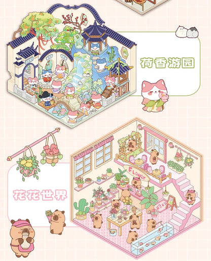 Cartoon 3D Chinatown Landscape Sticker Theater Pharmacy Restaurant DIY Pocket Cabin Scene Stickers Gift for Kid Child