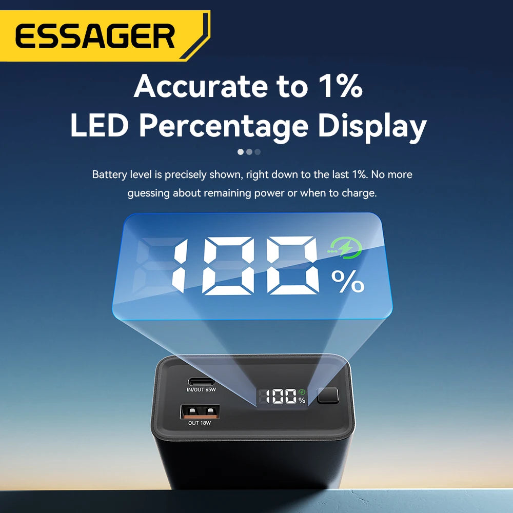 Essager 65W Power Bank 20000mAh PD Fast Charging Portable Battery Charger 3 Output Ports for iPhone 15 14 Pro Notebook Tablet