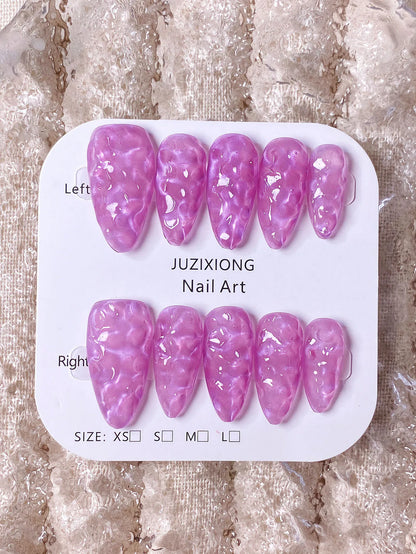 10 pure handmade almond nails in purple water ripple, simple gradient, press-on nail art.