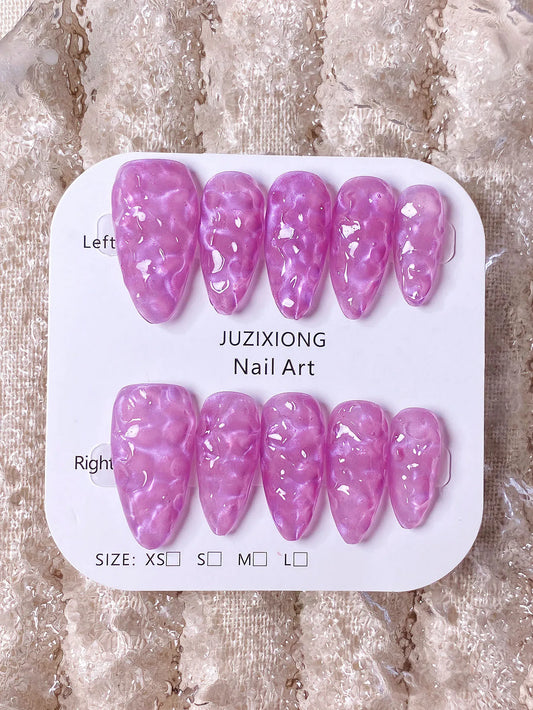 10 pure handmade almond nails in purple water ripple, simple gradient, press-on nail art.