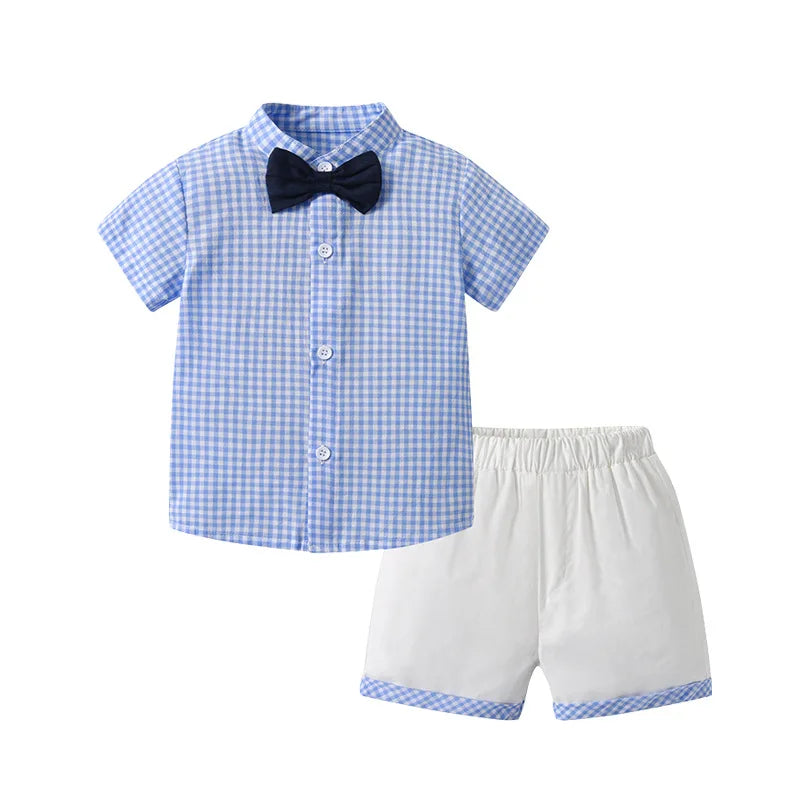 Summer Baby Boys Birthday Clothes Set Children British Style Blue Plaid Shirt with Pants Infants Top Shorts and Bow Kids Outfits
