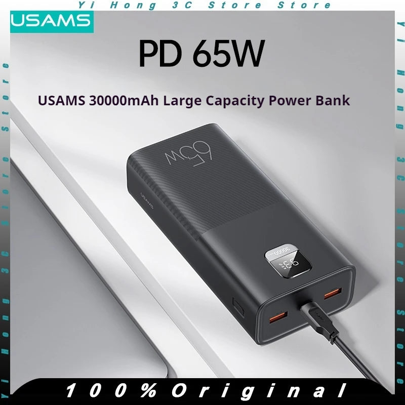 USAMS 30000mAh Power Bank 65W USB-C/A Fast Charging Portable External Battery Mobile PowerBank For iPhone16 Pro MacBook Laptop