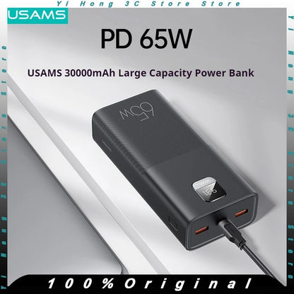 USAMS 30000mAh Power Bank 65W USB-C/A Fast Charging Portable External Battery Mobile PowerBank For iPhone16 Pro MacBook Laptop